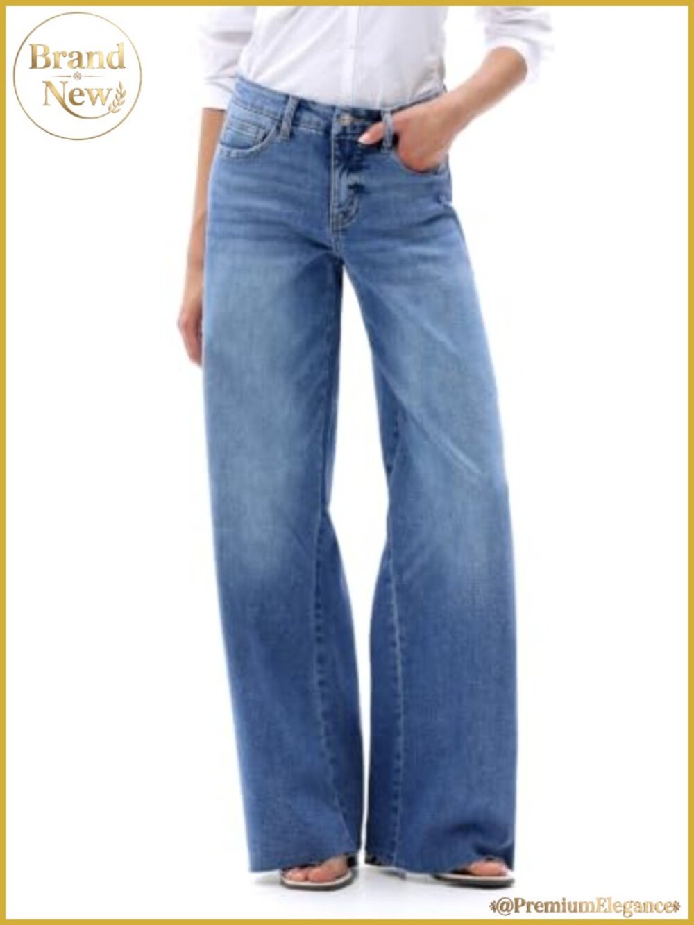 Wide Leg Raw Hem Jeans Mid Rise High Stretch Denim Pants